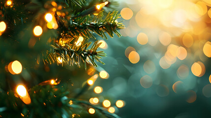 Abstract christmas green background with lights, defocused. Copy space.