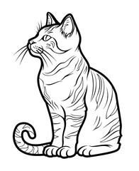 Fototapeta premium Black and white line art illustration of a sitting cat with striped patterns, detailed whiskers, and a curious expression
