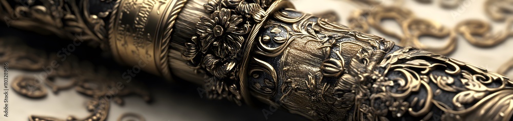 Poster an intricately designed ornate object with detailed engravings and embellishments.