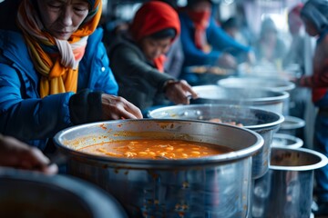 Volunteers serving hot soup on cold street, food for homeless in community charity donation center