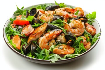 Warm Seafood Salad with Vegetables, Greens and Spicy Dressing Isolated, Grilled Fish with Shrimps