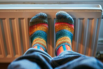 Warming Feet on White Radiator, Man Warms his Feet at Home, Cold Winter, Expensive Electricity Saving Concept