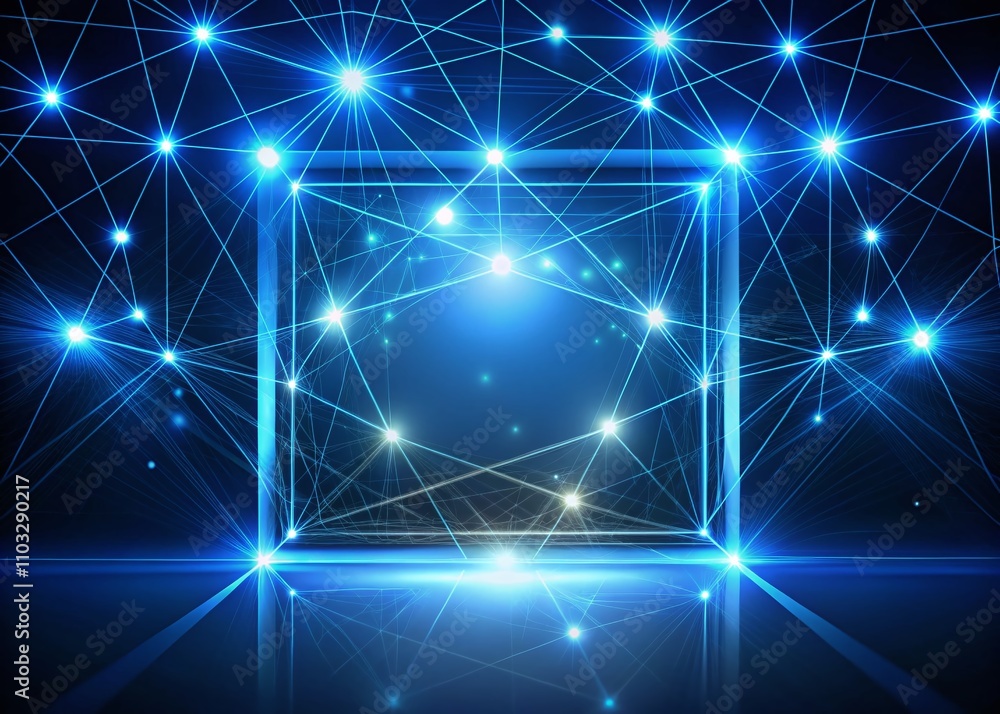 Poster abstract square background in blue light with network connections of lines and dots on a global scal
