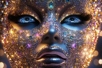 A woman's face is covered in glitter and has a metallic mask on