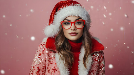 Portrait of a stylish, modern Santa Claus girl in a hood close-up on a pink background. Creative. It is snowing, adding fabulousness and magic.