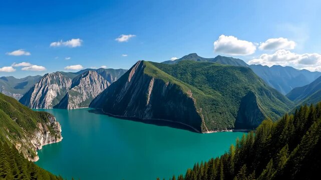 A beautiful mountain range with a lake in the middle. The lake is surrounded by lush green trees and the sky is clear and blue. The scene is peaceful and serene, with the mountains