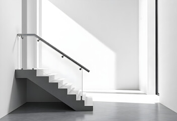 Elegant and spacious open plan new build interior spaces with concrete floors and designer decor. White interior, white steps and glass railings. Mock-up for a designer. Spacious room filled with ligh