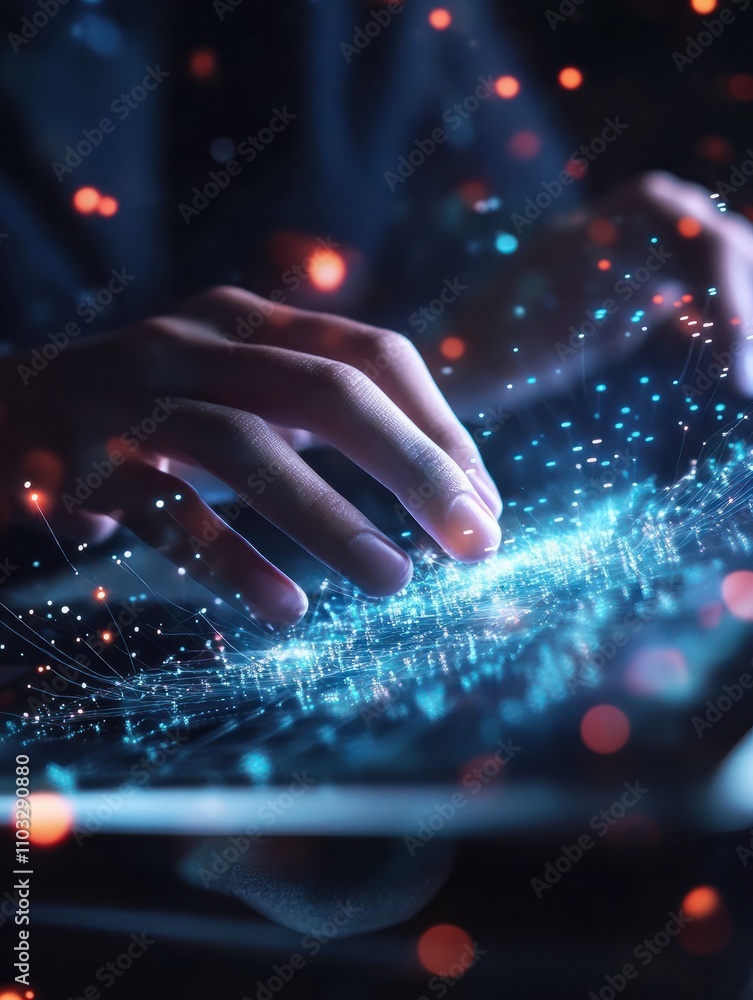 Poster hands using smartpone and laptop on desktop with abstract 5g network hologram. internet and web spee