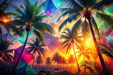 Abstract Summer Background Featuring Lush Palm Trees and Vibrant Geometric Shapes in a Dreamy Low Light Setting for a Tropical Aesthetic