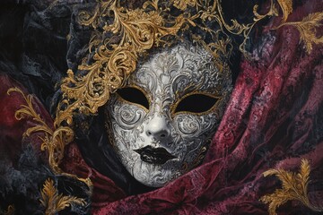 A mask with gold trim and a black nose is shown in a red background