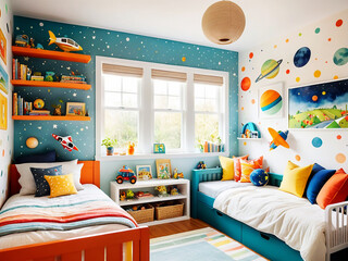 Interior of a small bright room for two boys with two beds. Watercolor sketch of the interior design concept of a children's room