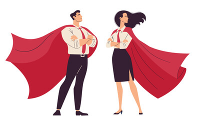 Flat vector illustration. Man and woman in office clothes with superhero cape. Vector illustration