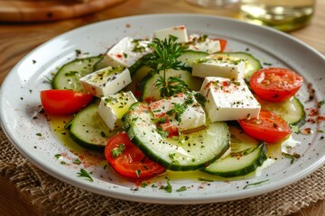 Vegetable Salad, Vegetarian Salat with Smoked Cheese, Sliced Cucumbers, Tomatoes and Greens