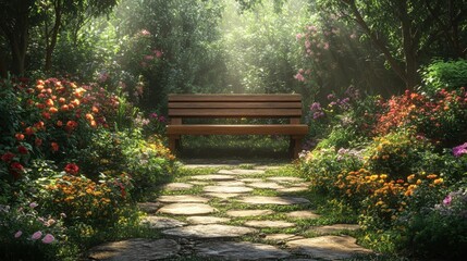 Serene garden with tranquil stone path, lush greenery, blooming flowers, and a calming atmosphere for peaceful outdoor enjoyment