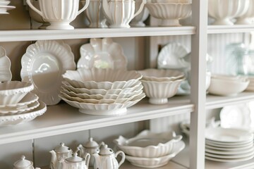 Dishware set in white shelving unit, tableware shelf, kitchen interior, clean white mugs, plates, glass tableware
