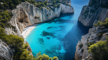 Obraz premium Azure Waters and Serene Beach by a Picturesque Greek Island Bay