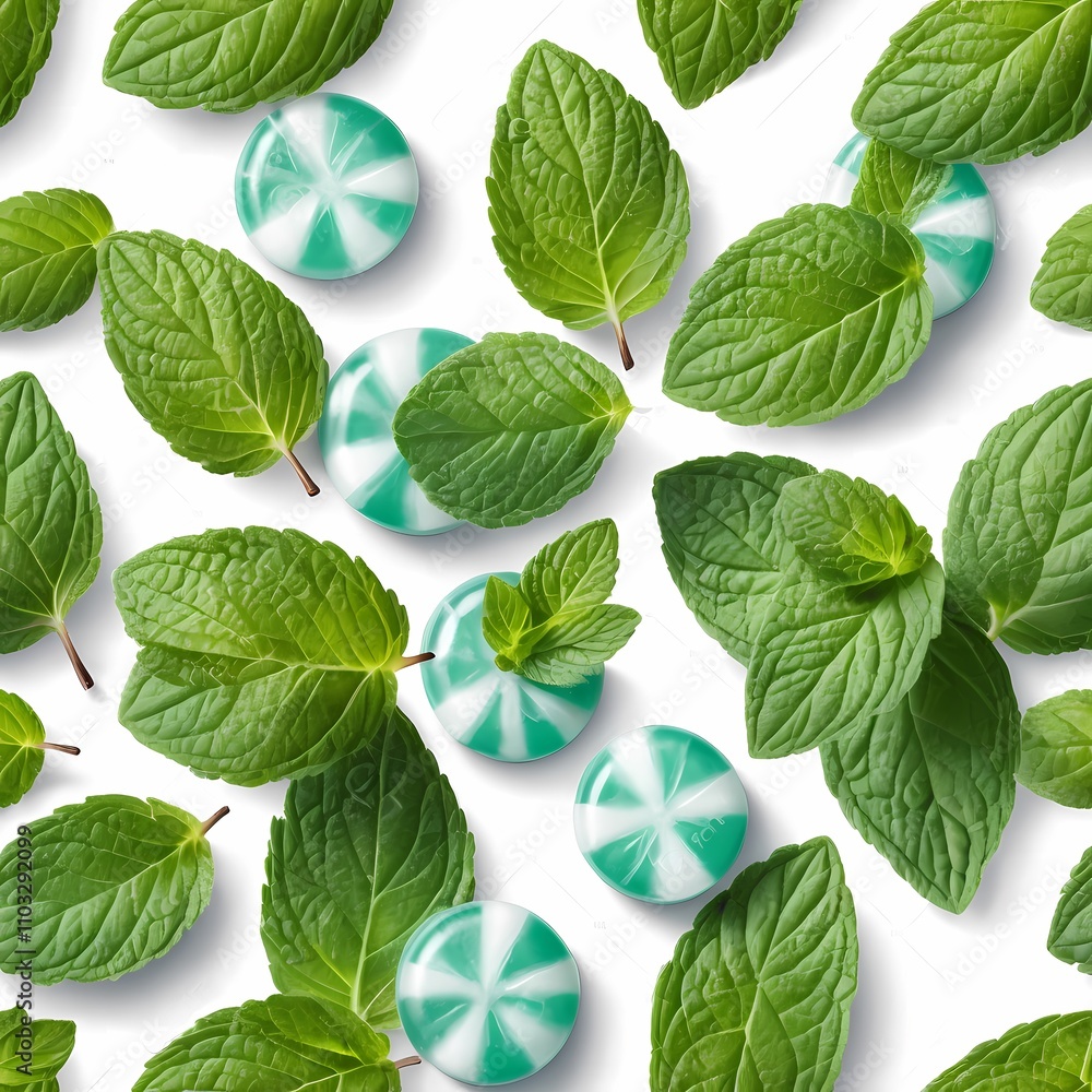 Wall mural Aromatic mint leaves, fresh herb photography, minimal white backdrop, greenery focus