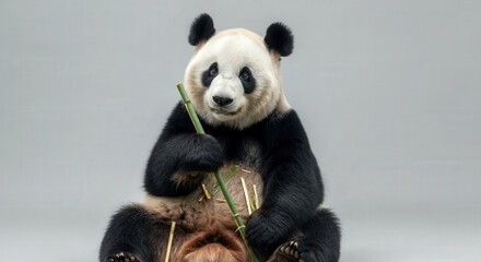 Obraz premium Giant panda eating bamboo in studio setting for wildlife and conservation awareness