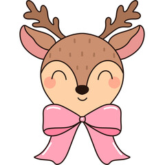 Cute reindeer with pink coquette bow clipart, Groovy retro christmas illustration