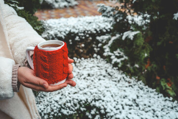 Hands holding a white mug with a red knitted cozy, steaming tea on a snowy winter day outdoors with...