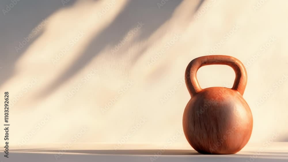 Poster wooden kettlebell sits on a white surface, bathed in soft, diffused light that casts intriguing shad