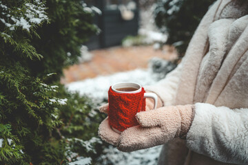 Hands holding a white mug with a red knitted cozy, steaming tea on a snowy winter day outdoors with...
