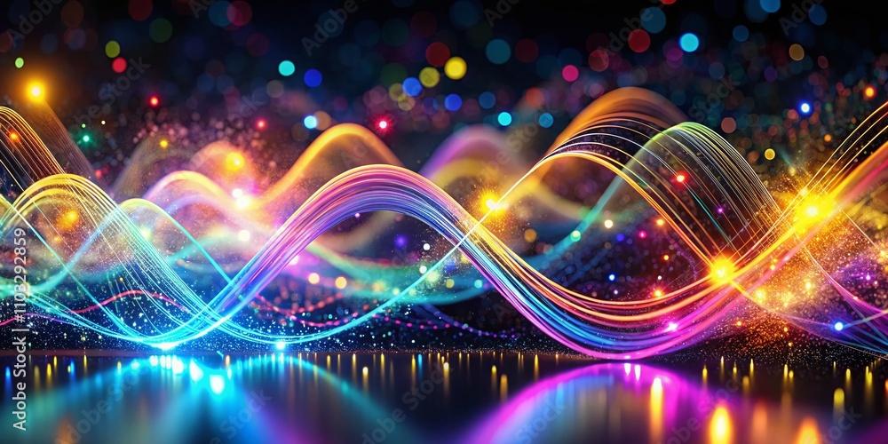 Poster abstract visualization of sound waves with colorful glowing neon lines and bokeh lights in a low lig