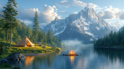 Calm lakeside campsite featuring a peaceful setting with a campfire, tent, and surrounding nature, ideal for relaxation and outdoor adventures