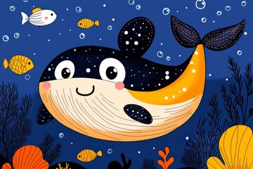 A cheerful cartoon whale swims among colorful fish in a vibrant underwater scene filled with bubbles and marine life.