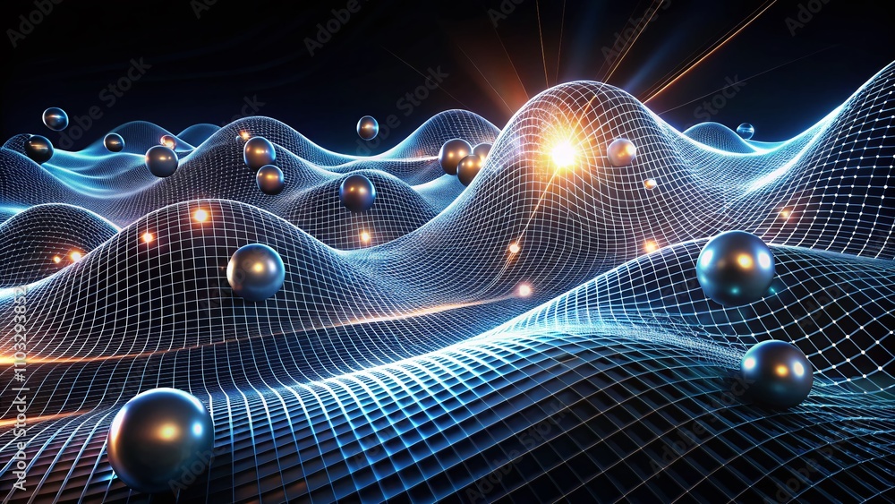 Poster abstract wavy grid background with spheres and light effects for technology and big data concepts in