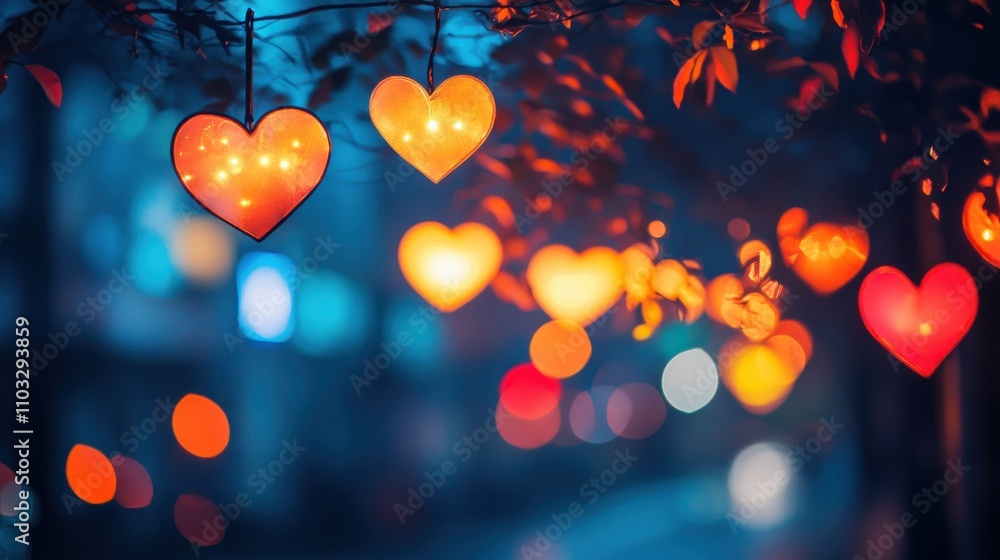 Poster romantic and enchanting heart-shaped lanterns hanging in a twilight urban setting creating a dreamy 