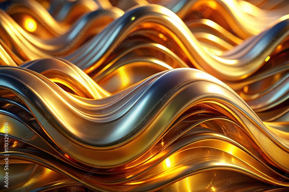 Poster abstract wavy shapes in glossy gold and iridescent colors with long exposure on a clear background f
