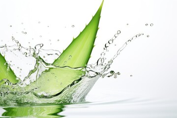 Aloe Vera Slices Fly Isolated, Aloe Vera Falling in Water, Aloevera Juice Splashing on White Background