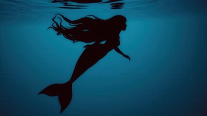 A beautiful silhouette of a mermaid swimming gracefully underwater, with flowing hair and a fishtail, shadow, scales, mysterious