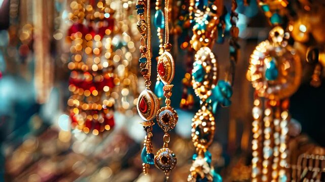 Traditional old oriental jewelry made of gold and gems, displayed in an old middle eastern jewelry store