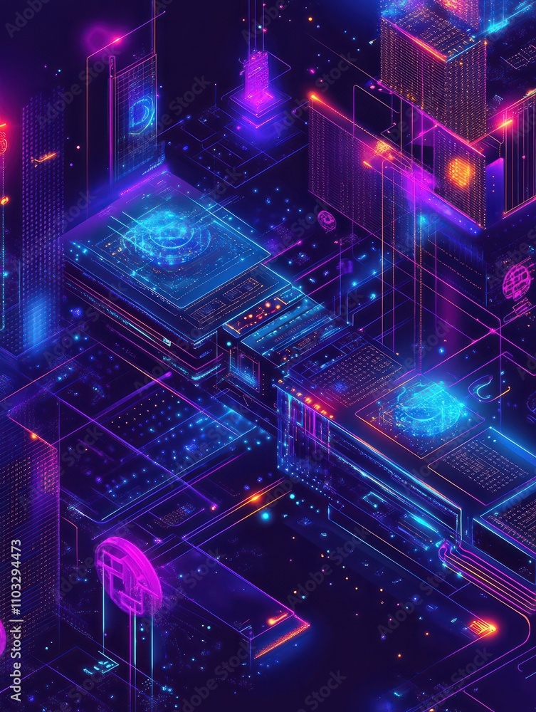 Poster isometric blockchain mining proof of work landing page concept. pow system, cyber security protocol,