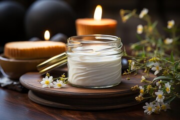 Anti-Aging Night Cream on stone table candle bokeh, sharp and clear focus, taken in the style of a professional food photographer, artistic, unique, wooden background, hyper realistic