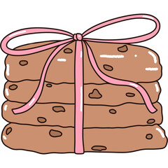 Chocolate chip cookies with pink coquette bow clipart, Groovy retro christmas illustration