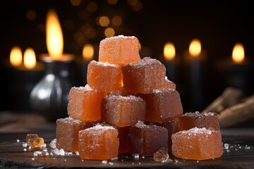 brown sugar on stone table , sharp and clear focus, candle bokeh background taken in the style of a professional food photographer, artistic, unique, wooden background