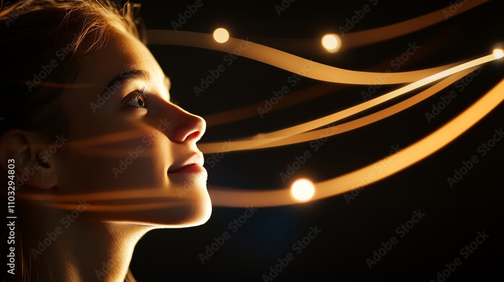 Poster glow of imagination captured in profile with flowing lines and light orbs against a dark background