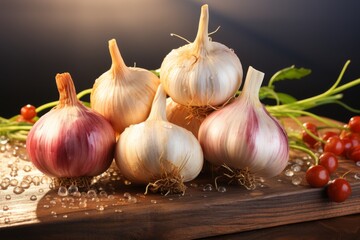 bulb of fresh garlic on stone table , sharp and clear focus, taken in the style of a professional food photographer, artistic unique wooden background, hyper realistic