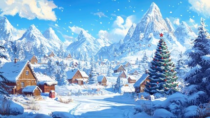A Snowy Christmas Village nestled in the Mountains