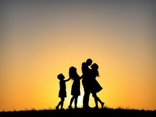 Silhouette of a family embracing in a loving embrace, representing togetherness and unity, relationship, bond, unity