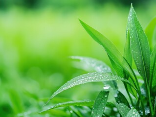 Fototapeta premium Lush green leaves glisten with water droplets, showcasing nature's freshness and vitality, perfect for wellness, environmental themes, or botanical uses in marketing and design,