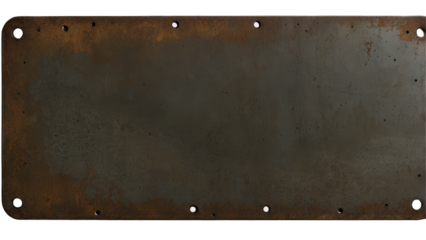 Rusty metal plate with holes, grunge texture transparent background