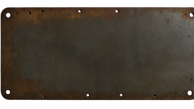 Rusty metal plate with holes, grunge texture transparent background