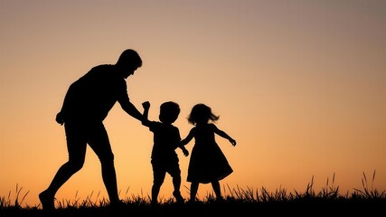 Fototapeta premium Silhouette of a family of four, two children playing silently in a peaceful and serene setting, silhouette art, unity, silhouette