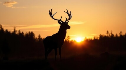 Fototapeta premium Silhouette of a majestic deer standing in a forest clearing at sunset, wildlife, serene, deer