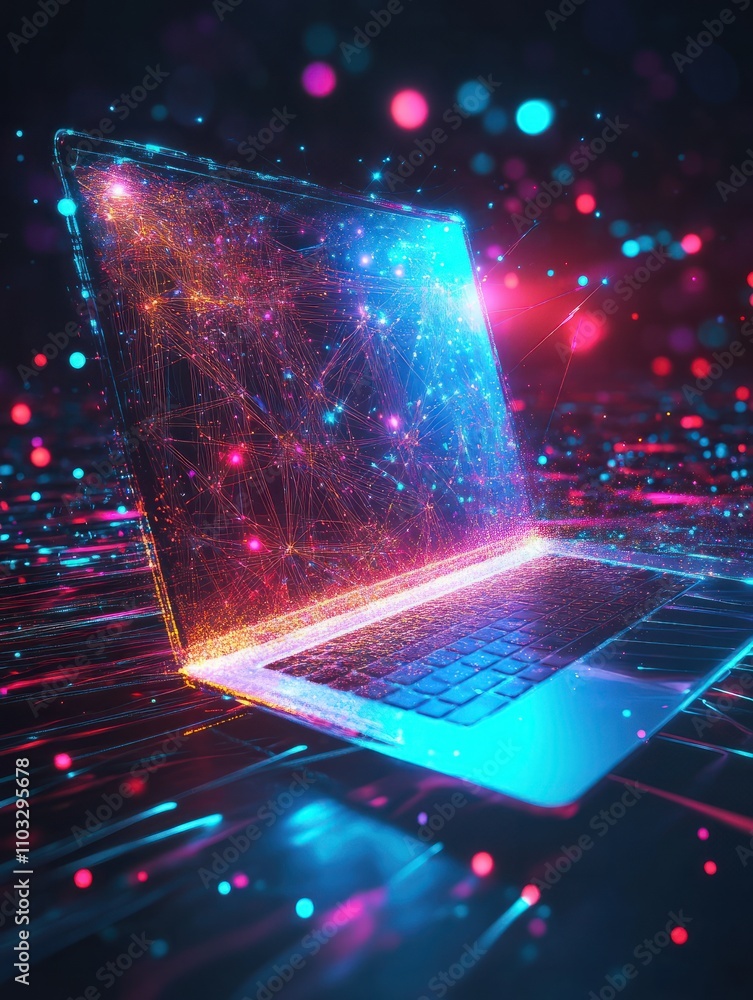 Poster laptop on desktop with abstract 5g network hologram. internet and web speed concept. double exposure