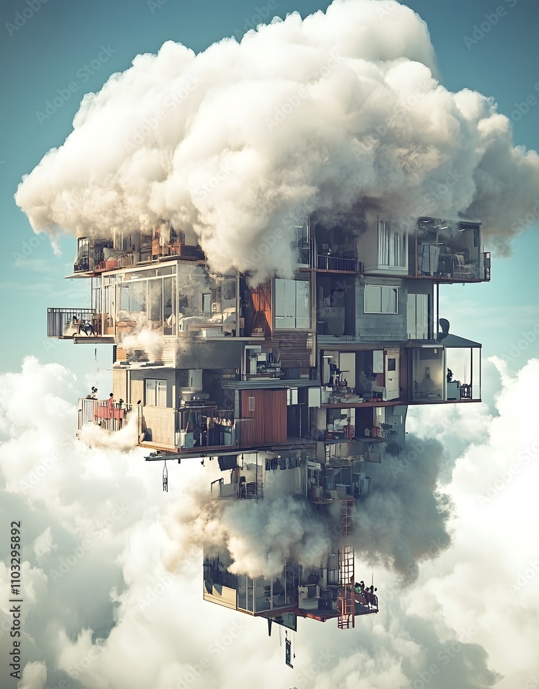 Poster a surreal floating structure amidst clouds, blending architecture with dreamlike elements.